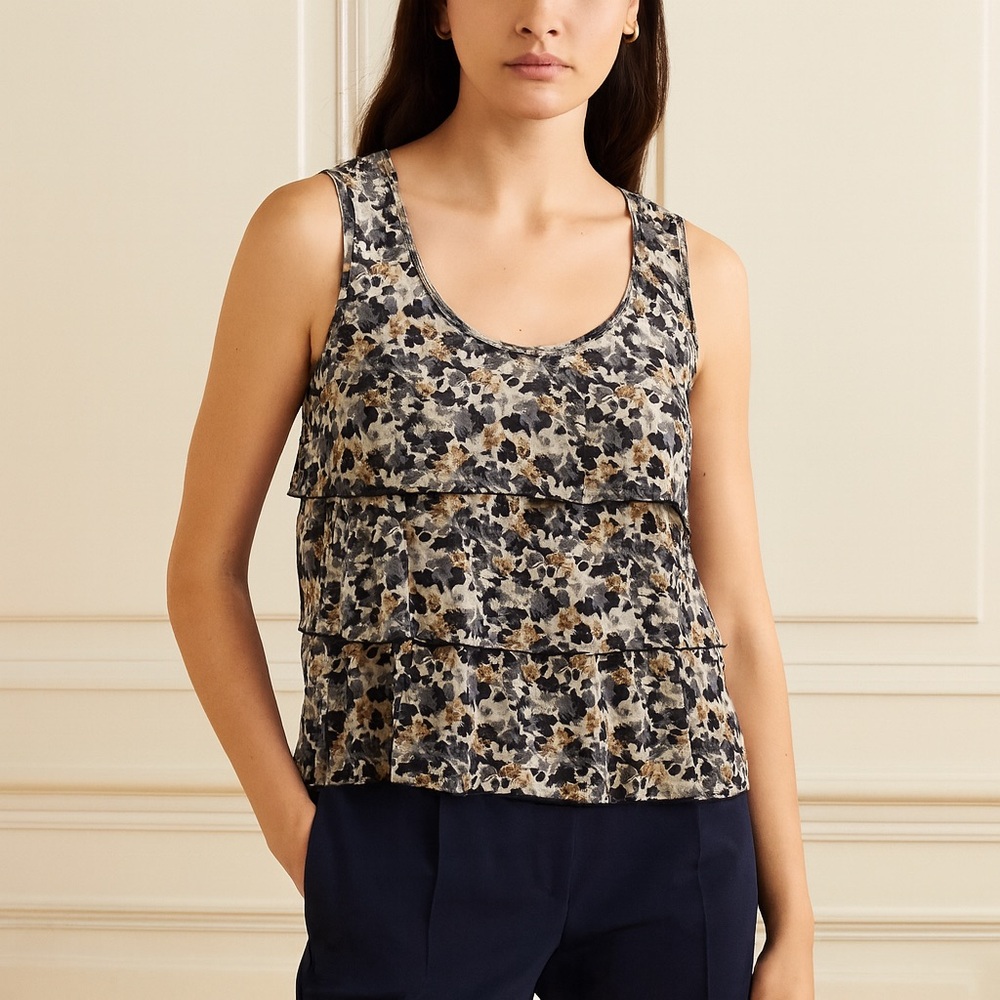 Notations Sleeveless Floral Round Neckline Ruffle Layer Shift Blouse - Large